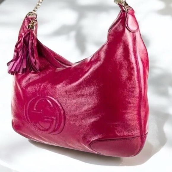 Authentic Gucci Patent Pink Fuchsia Soho Fringe Tassel Chain Tote Bag GORGEOUS! - Picture 3 of 16